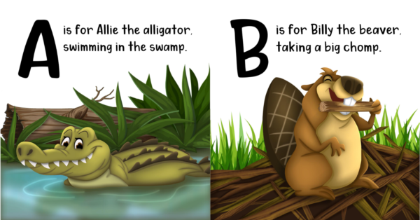 Animal alphabet children's book - first two pages showing an alligator and a beaver